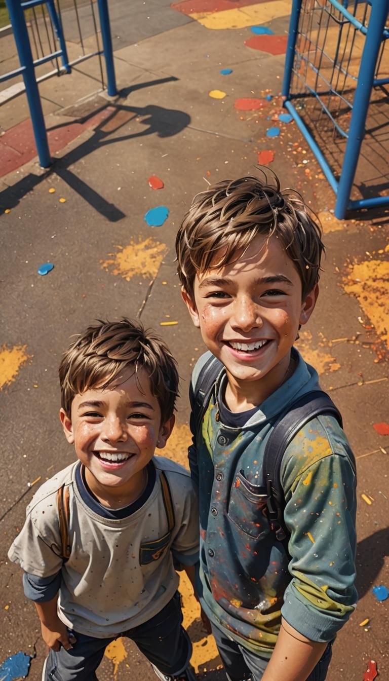 2 little boys students , primary school, playground, smile