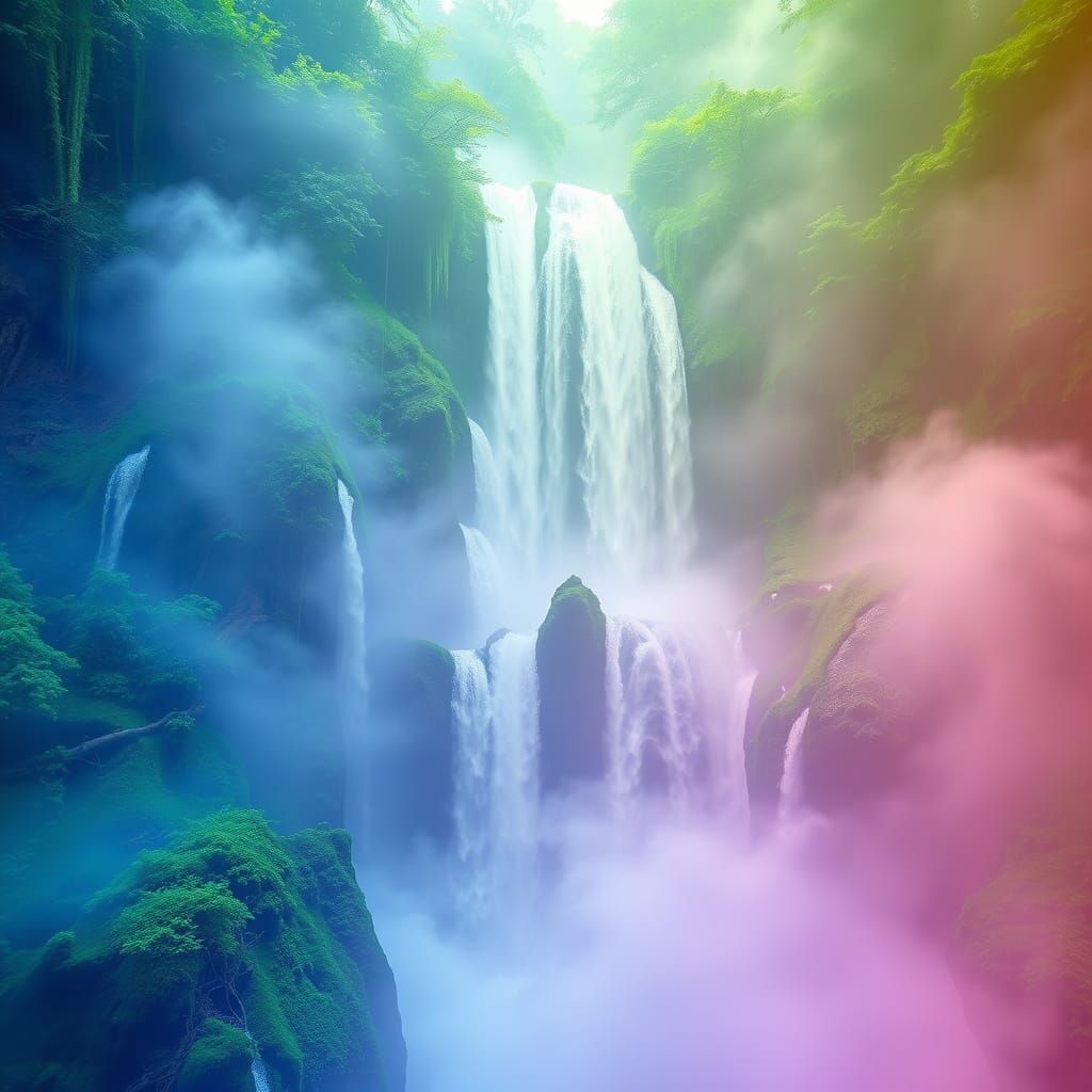 Ethereal Waterfalls in Vibrant, Surreal Colors
