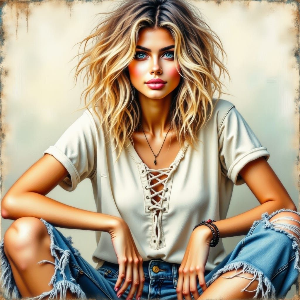 <lora:Beautiful women:1.0> portrait of a beautiful stunning woman short wispy blonde hair grunge style in a tattered white T-shirt and ripp...