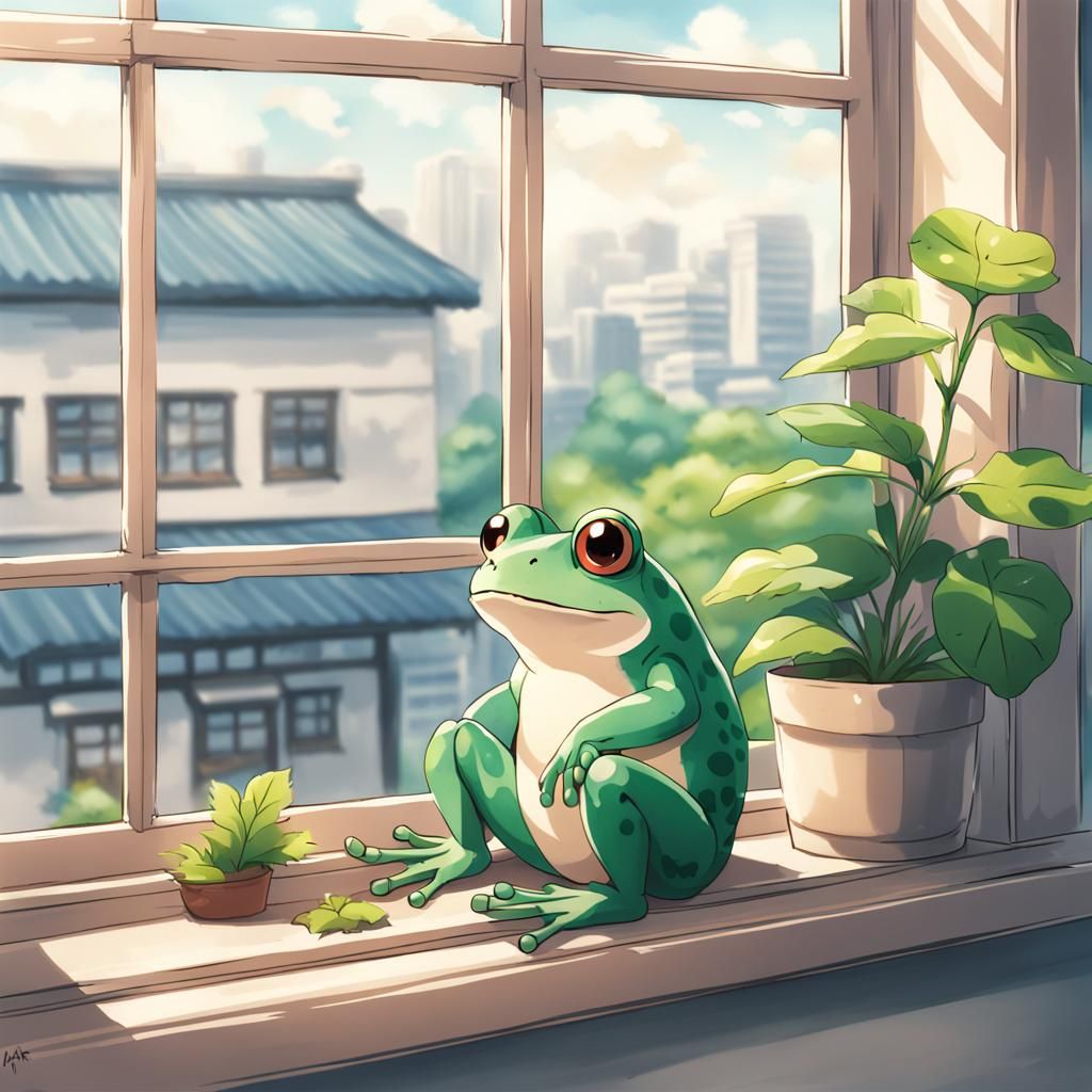 a cute small frog sitting on a windowsill