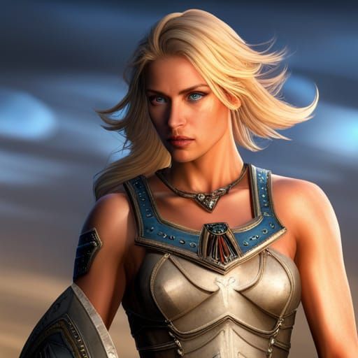 female gladiatrix, blonde hair, blue eyes roman armor beauti...