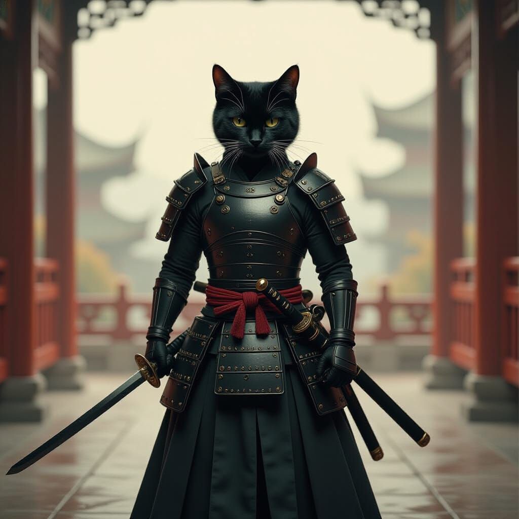 Samurai Cat with Muscular Physique in Cinematic Style