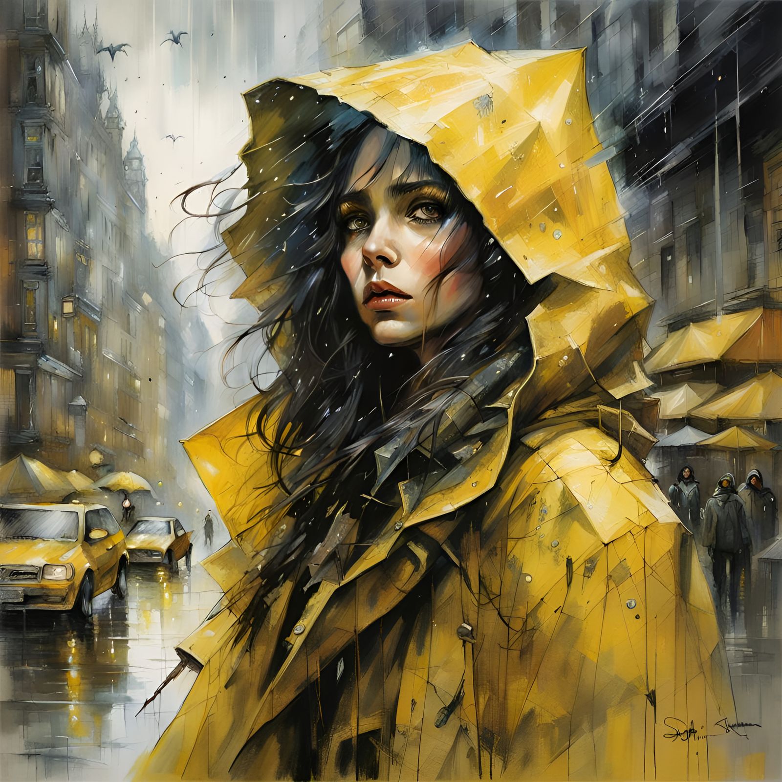Woman in a yellow raincoat   by @Revenant_