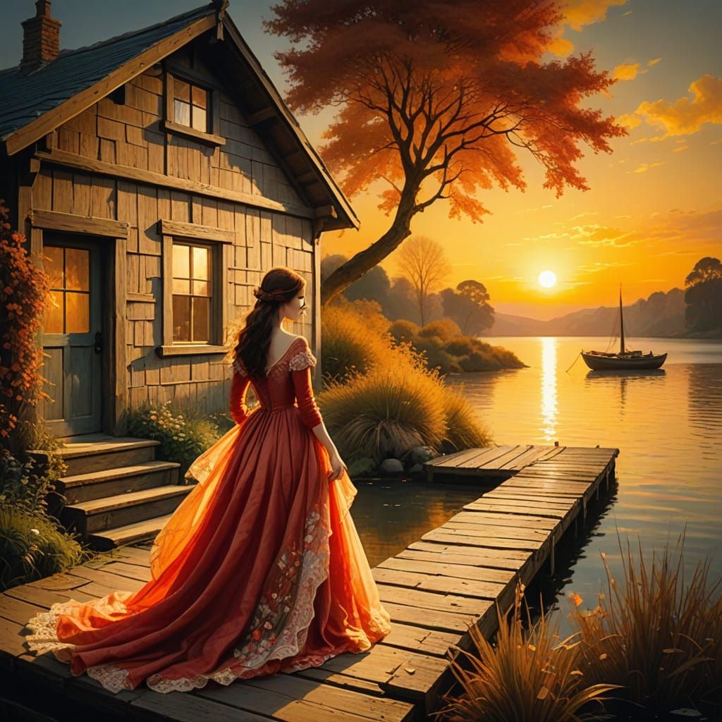 Romantic Sunset Scene with Red Dress, Wooden Dock, and Quain...