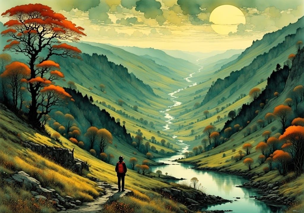 a lonely hiker looks at the lovely river valley, by John Atkinson Grimshaw and by Erin Hanson, very expressive, meticulous, intricate, entan...