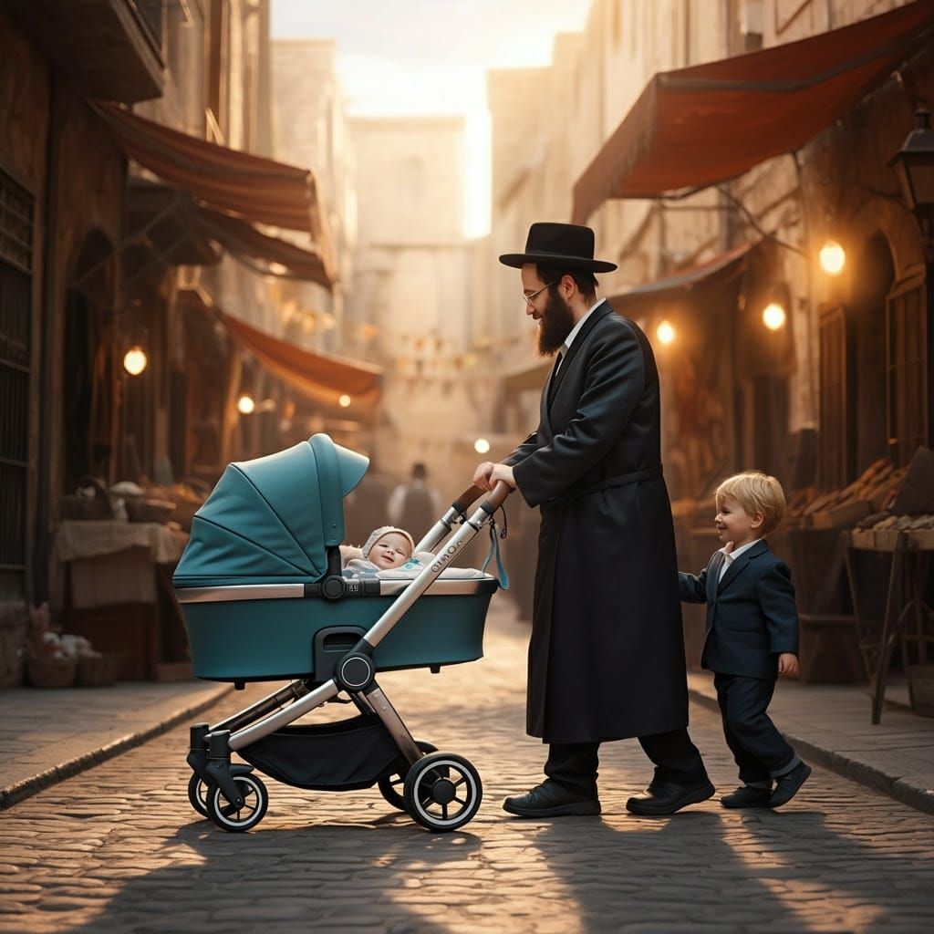 Orthodox Hasidic Father Pushes Stroller Through Sunny Cobble...