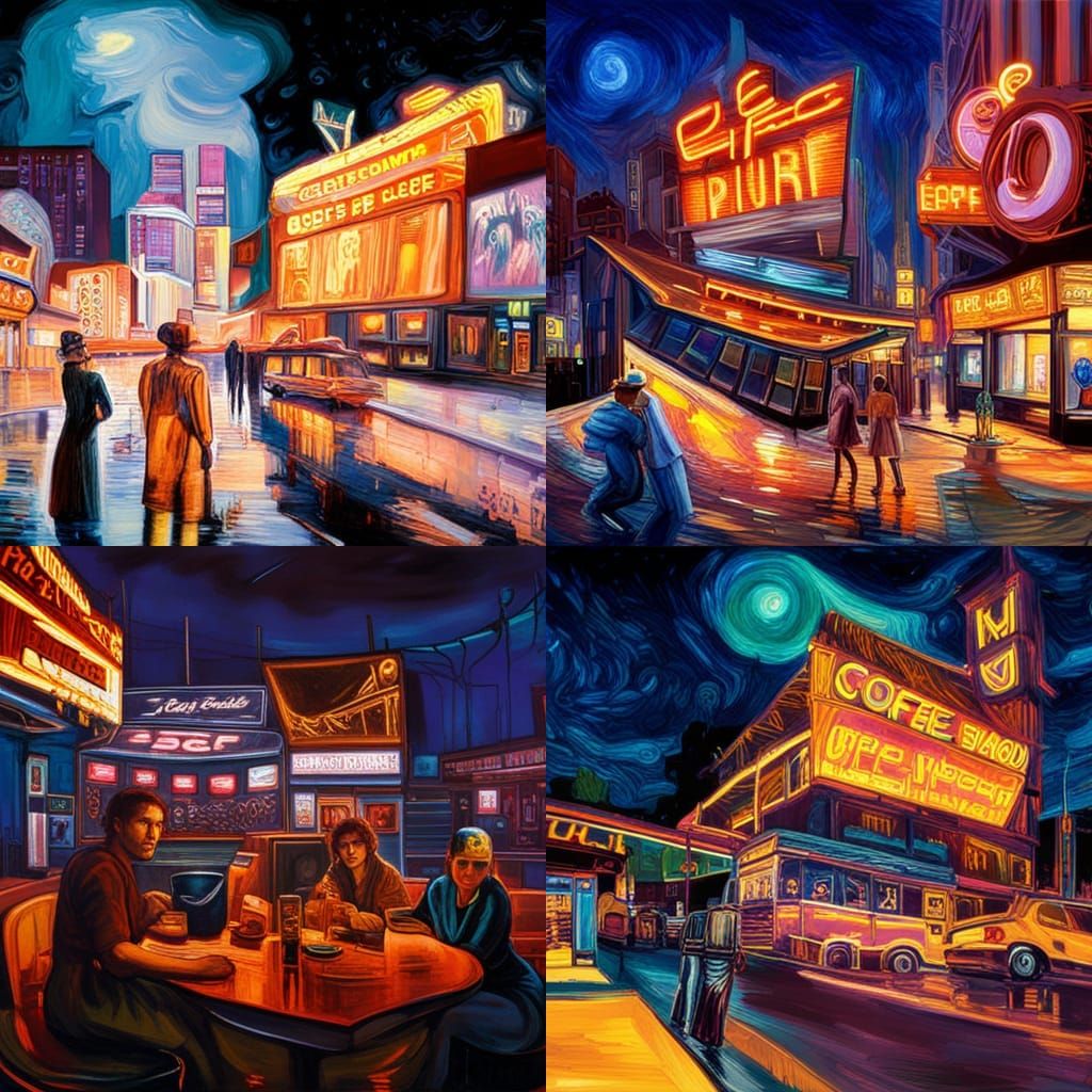 Friends at a coffee shop ; neon Pluto billboard ; in blade r...