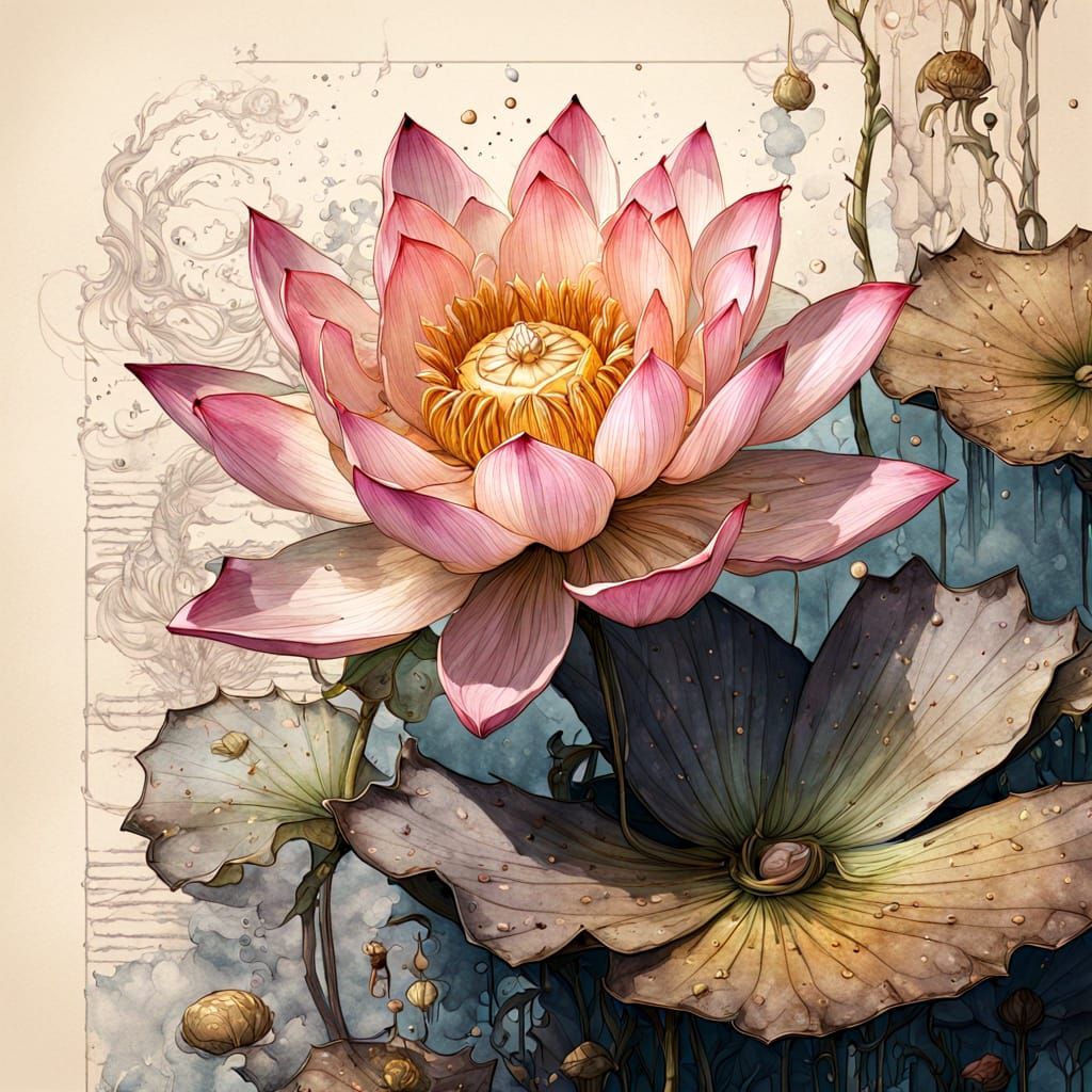 Lotus flower on parchment  by @BelgiumJumpAI