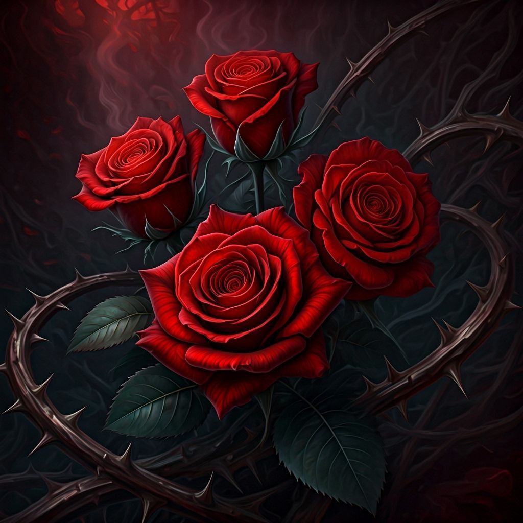 A set of scarlet roses, their petals deep red with black veins, glowing faintly with an otherworldly energy. The roses are surrounded by a d...