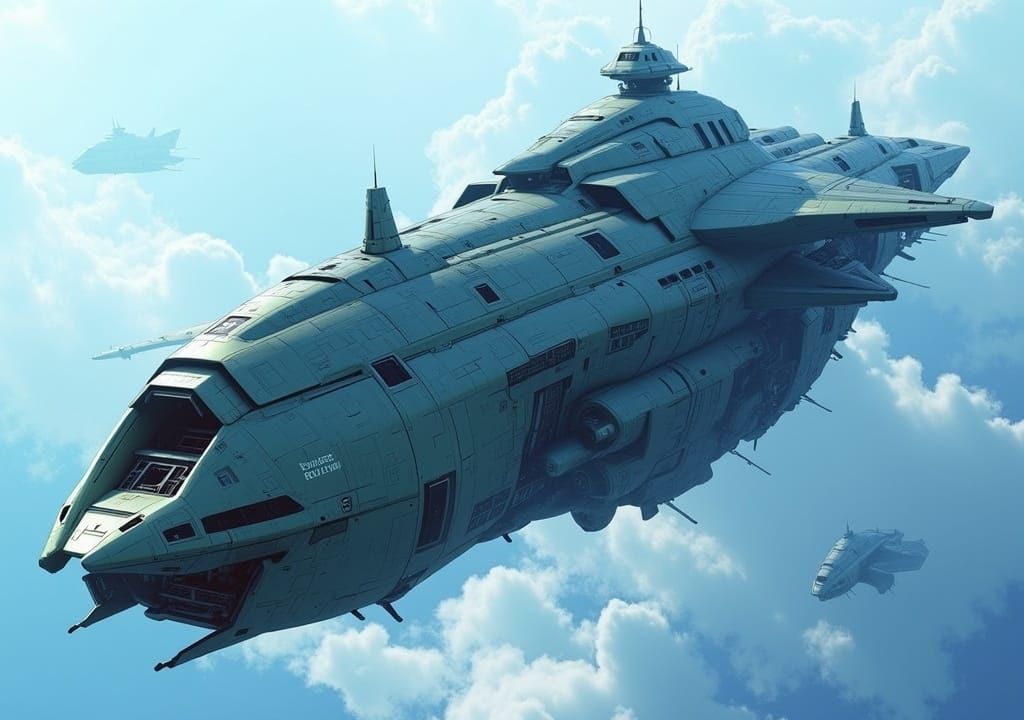 <lora:Astronavis:1.0>8k, cel shaded close-up head-on view of massive battleship starship in the style of No Man's Sky in high orbit :: clou...