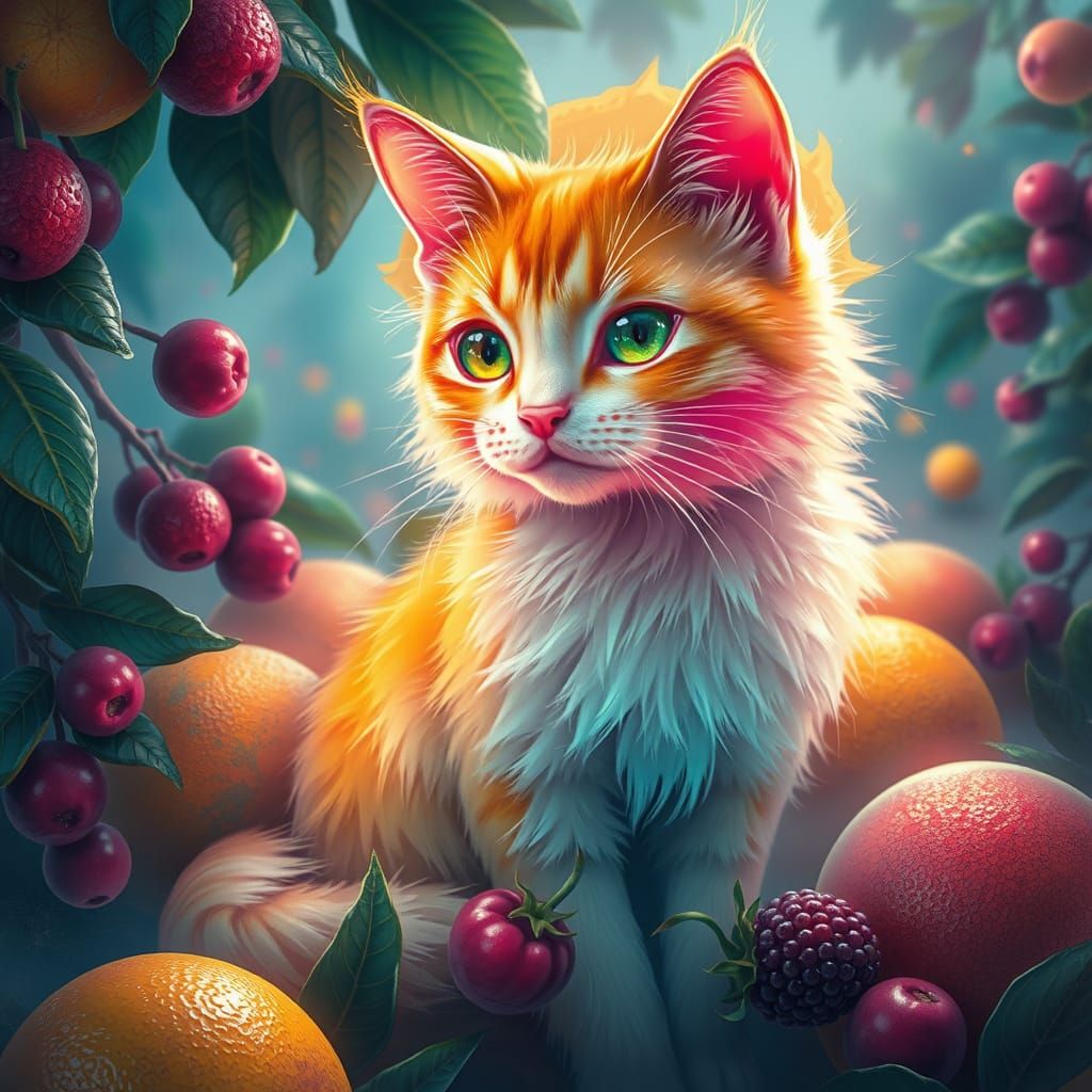 Enchanted Feline Fruitlands in Dreamlike Digital Art
