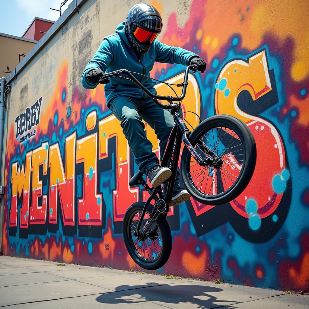 A photorealistic depiction of a graffiti piece created in a freehand spray paint style. The graffiti features bold, illustrative imagery tha...