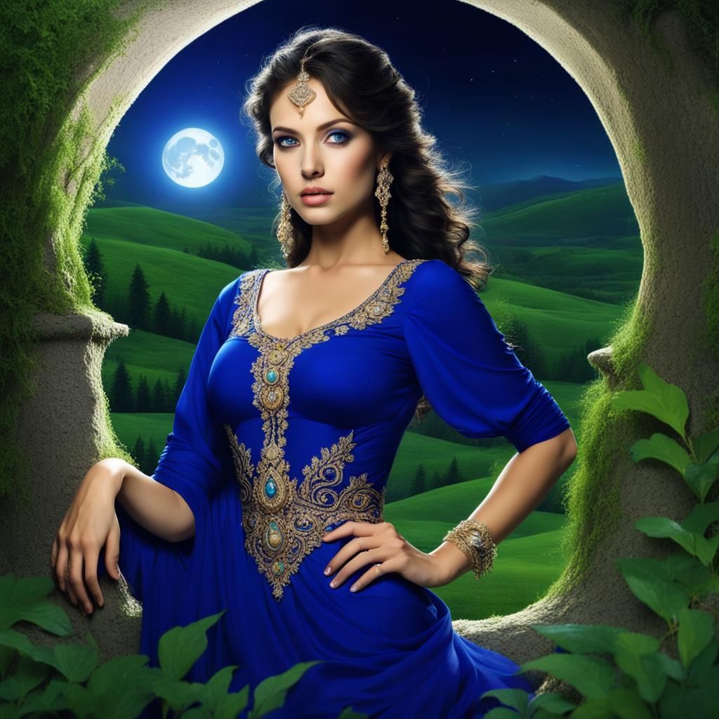 Most Beautiful woman in Royal Blue Atire with attractive eyes in lush Green landscapes in Full Moon   by @Ramesh Kumar Madhugiri 