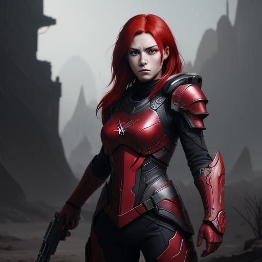 Adult female, red hair, crimson eyes, angry, N7 armor, maste...