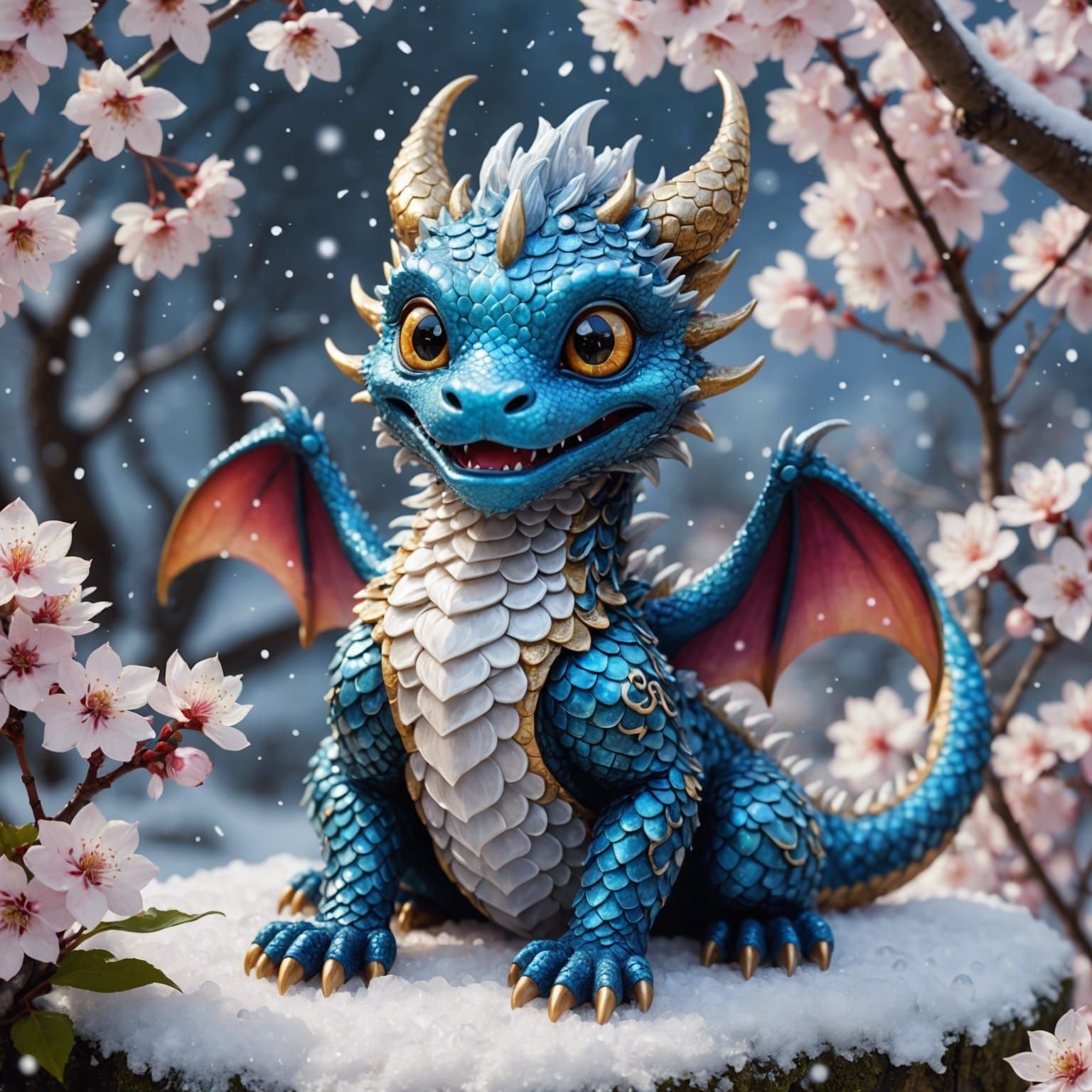 Celestial Fur Dragon with Snowflakes and Cherry Blossoms