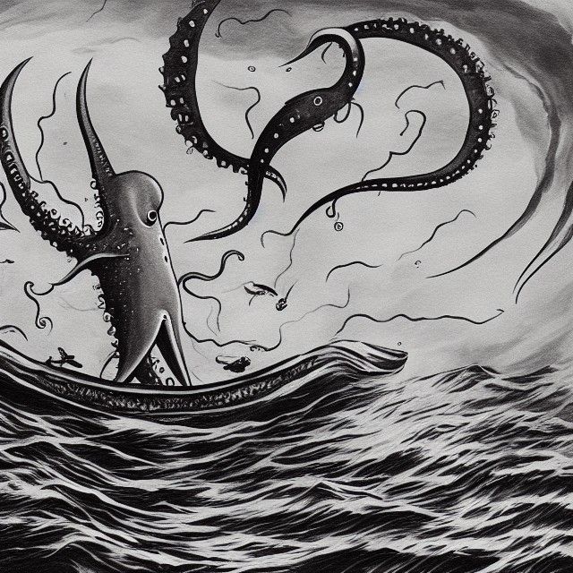 Lovecraftian giant squid dragging a battle ship underwater, ...