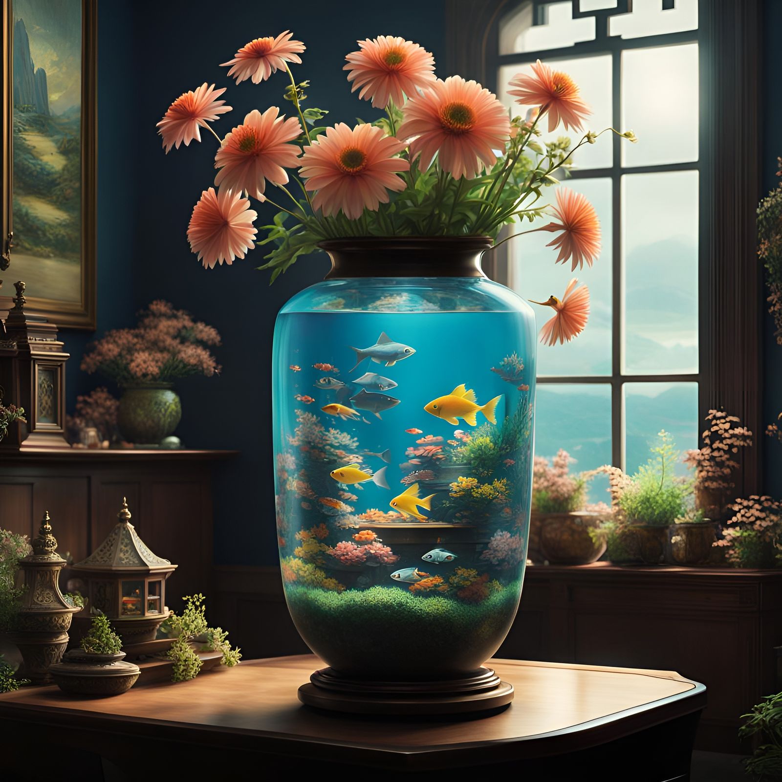 An aquarium inside a flower vase  by @Spirited away