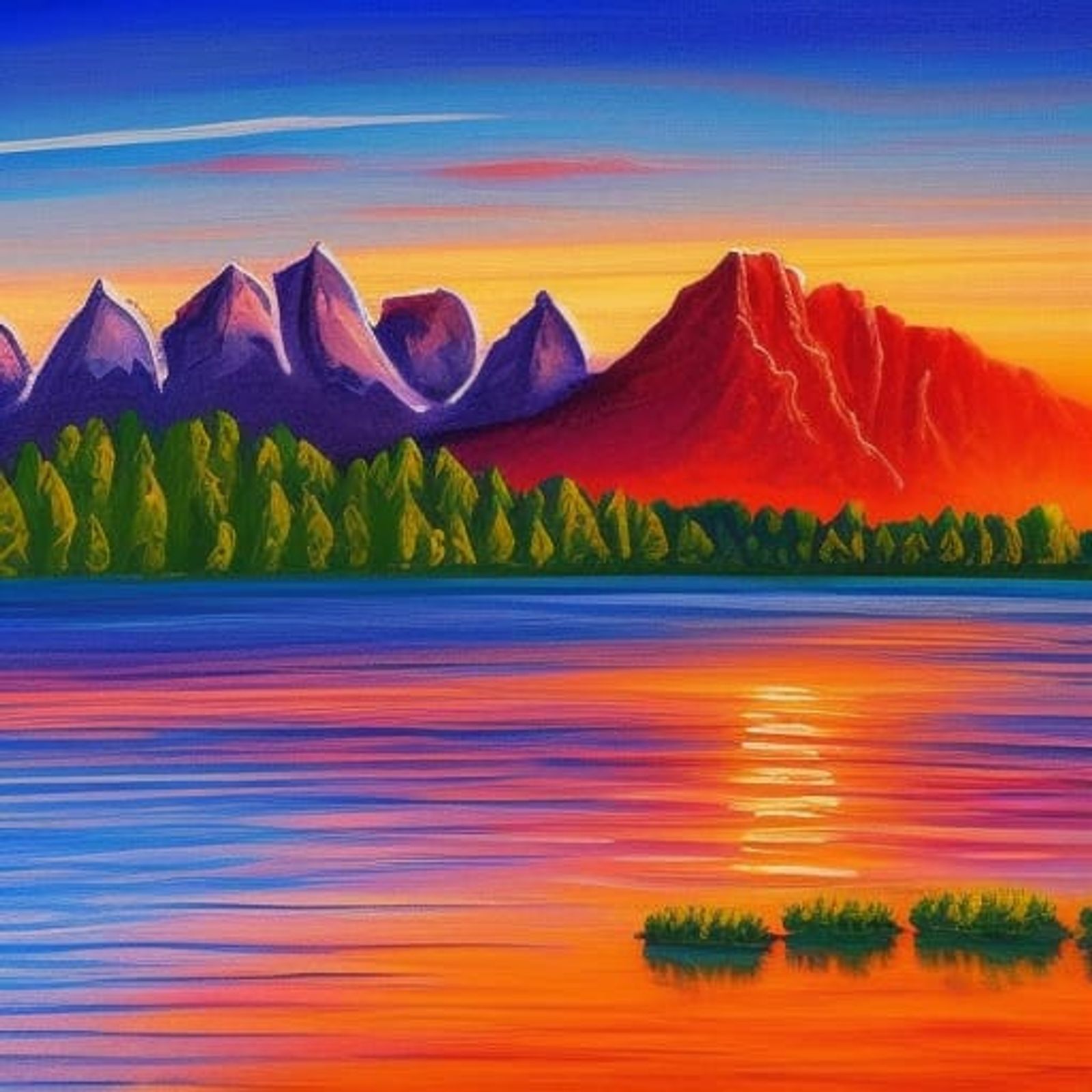 mountain lake sunset painting