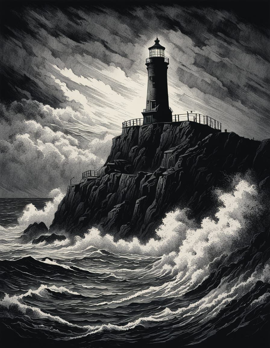 An ancient, weathered lighthouse stands on a craggy cliff overlooking a stormy sea. The lighthouse is battered by wind and waves, its light ...