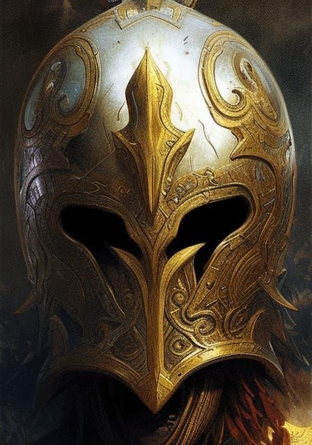 Intricately detailed Warrior helmet by Greg Rutkowski and Gu...