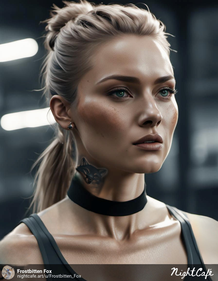 Sporty Girl with fox tattoo on the neck. Experiment- mode on...