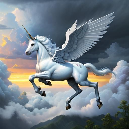 Beautiful white pegasus unicorn flying through a stormy sky