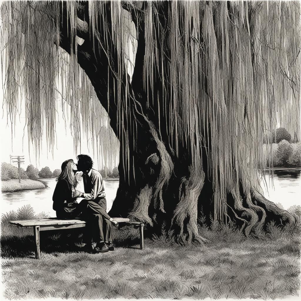 Funky Couple's Kiss Under Weeping Willow: Grunge Art
