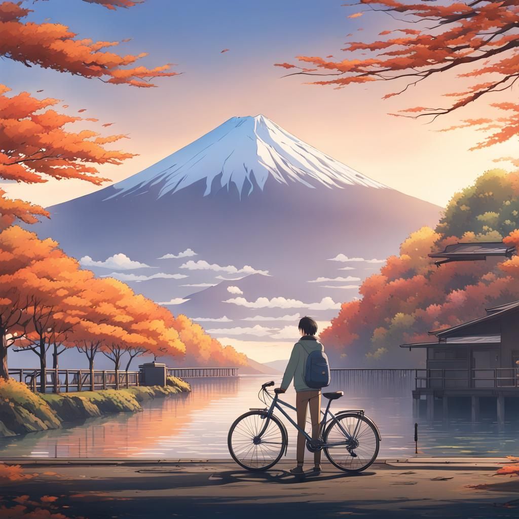 a man wanderer stands with bike in front of the  Mount Fuji ...