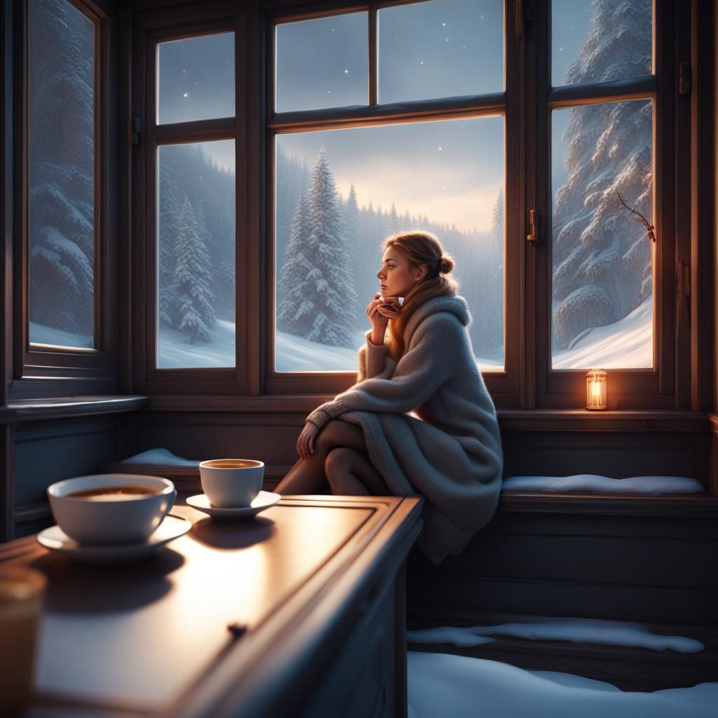 A beautiful girl curled up on a window seat