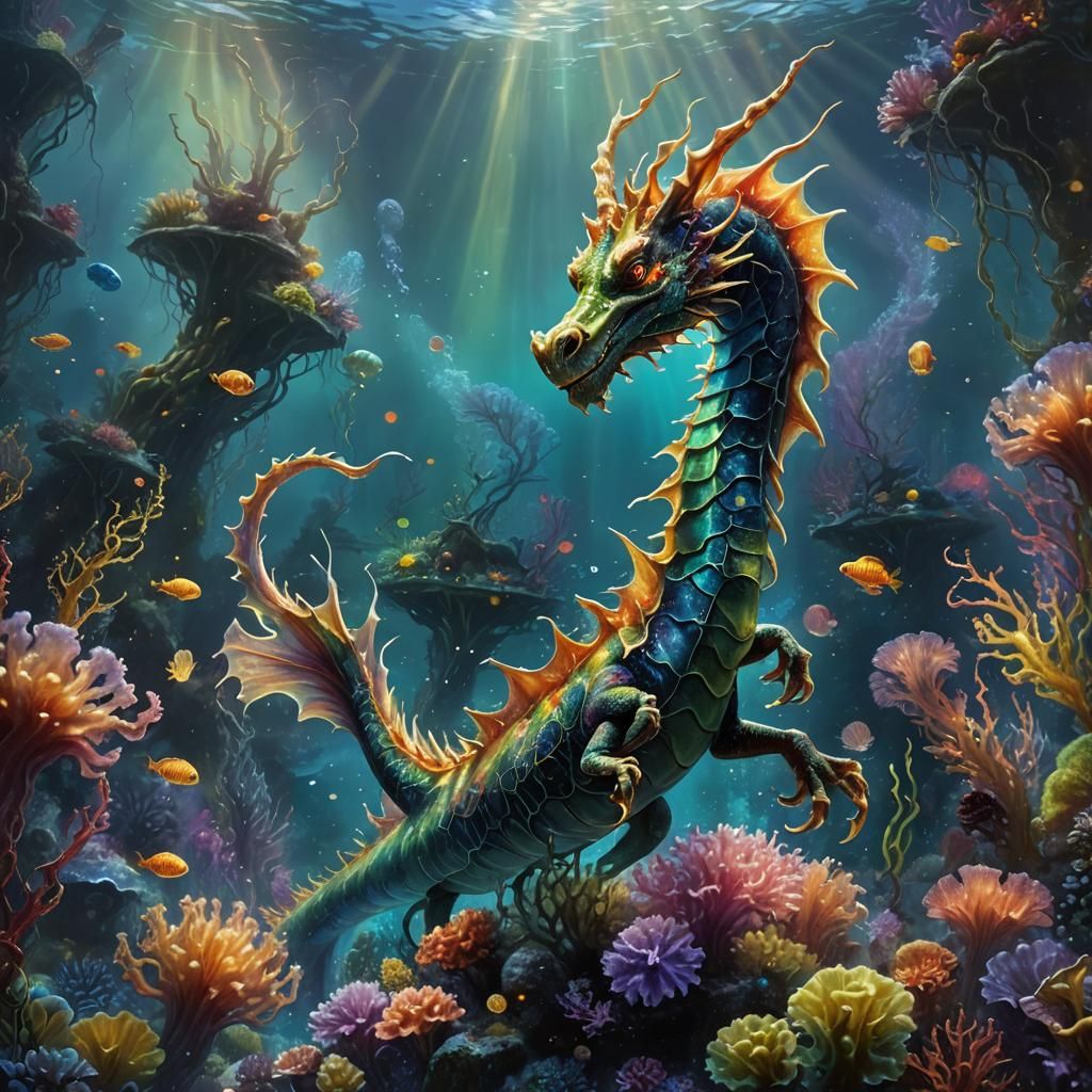 A vibrant image of a sea dragon swimming in the depths of th...