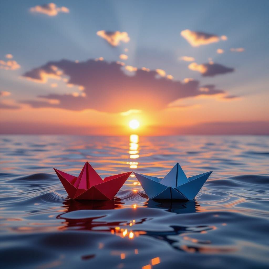 Red Sunset Over Sea in Origami Papercraft Style