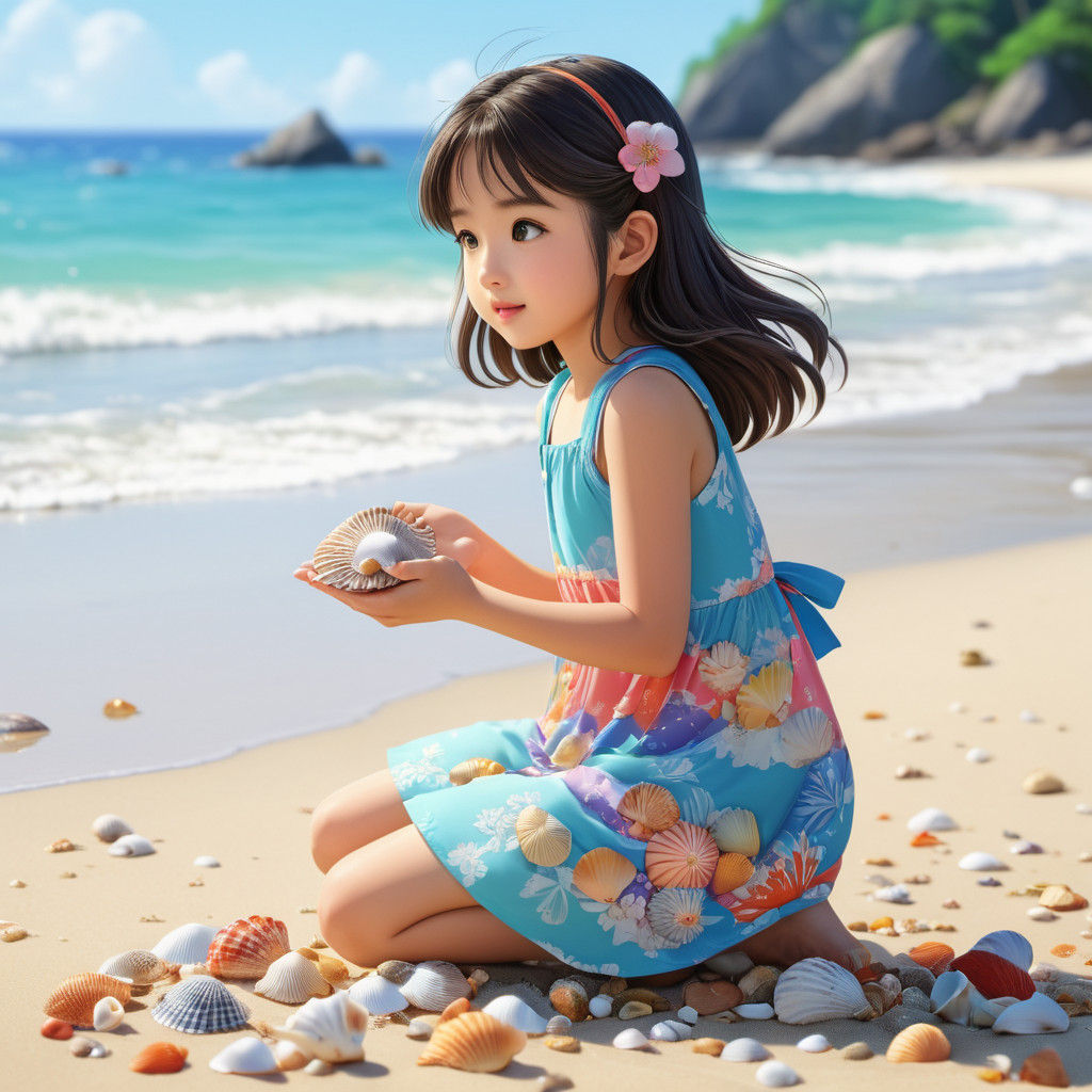 Small girl collecting shells