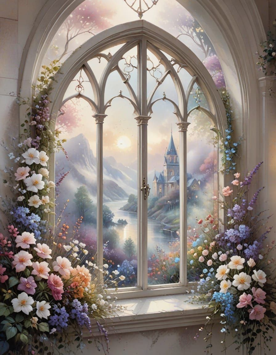 Ethereal Watercolour Window with Flowers
