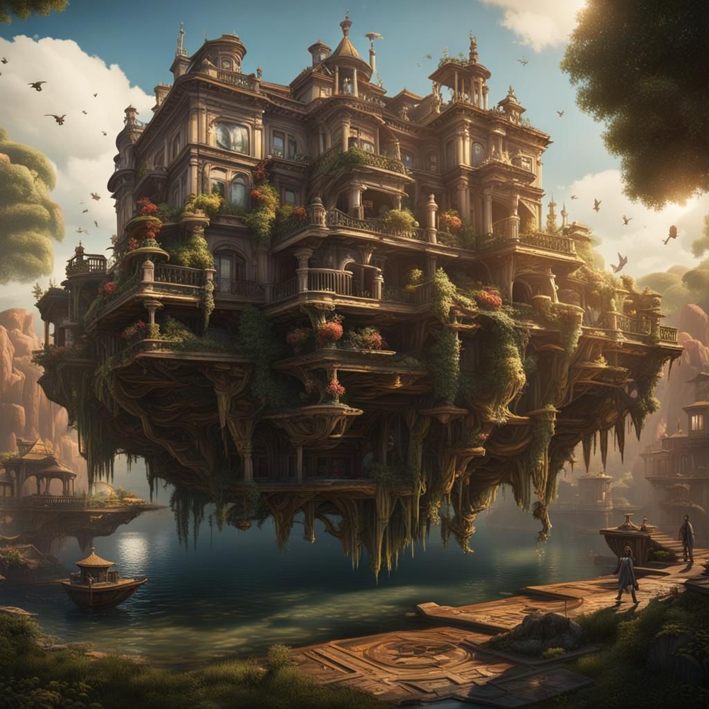 People walking around in and all around them big mansions ar...