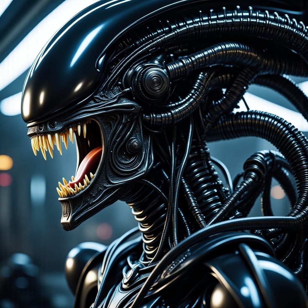 The Xenomorph from Alien movies ready to attack, Side view, ELaborate background<lora:Flux Alien biopunk:1.0> 