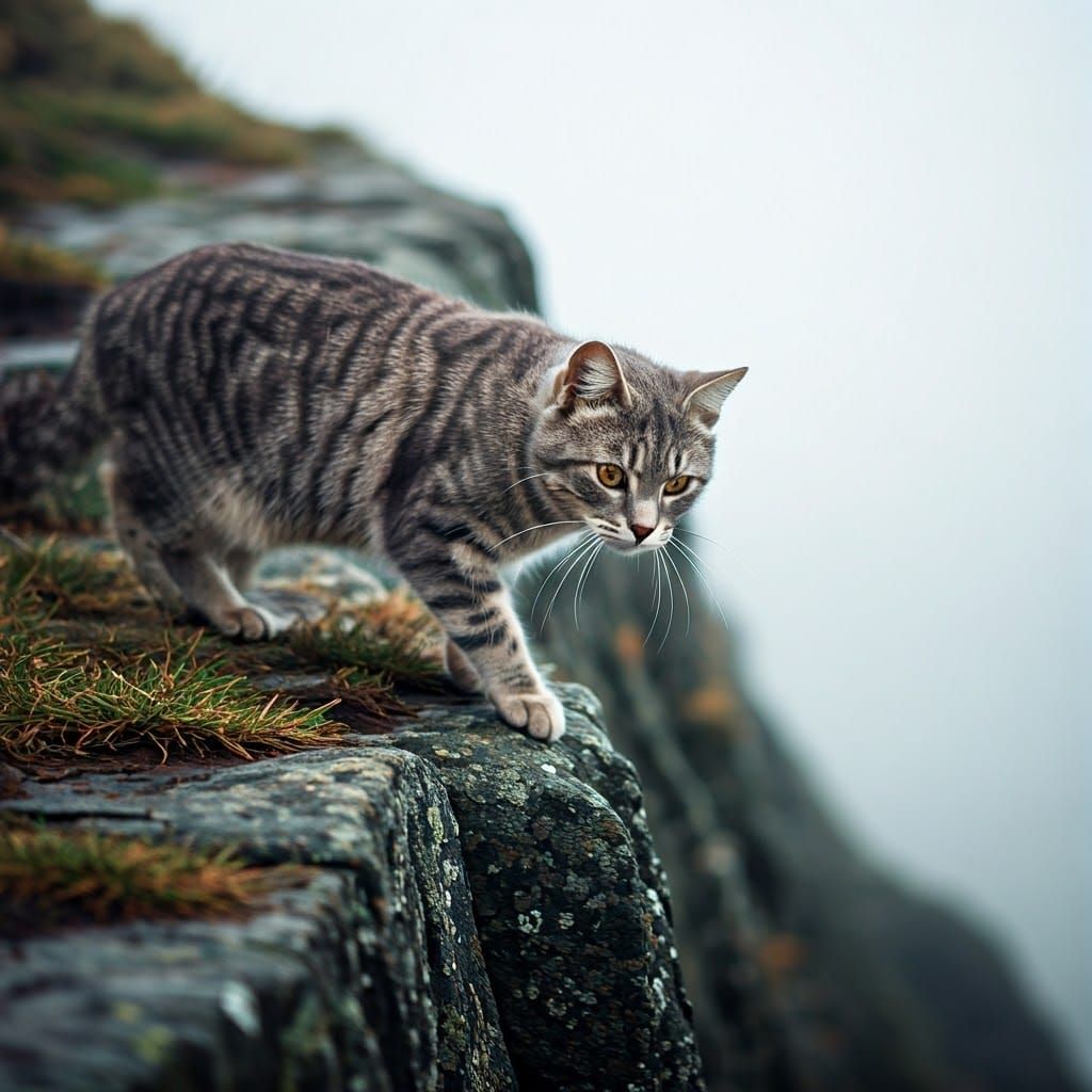 Mysterious Cat on Misty Cliff: Moody Landscape Photography