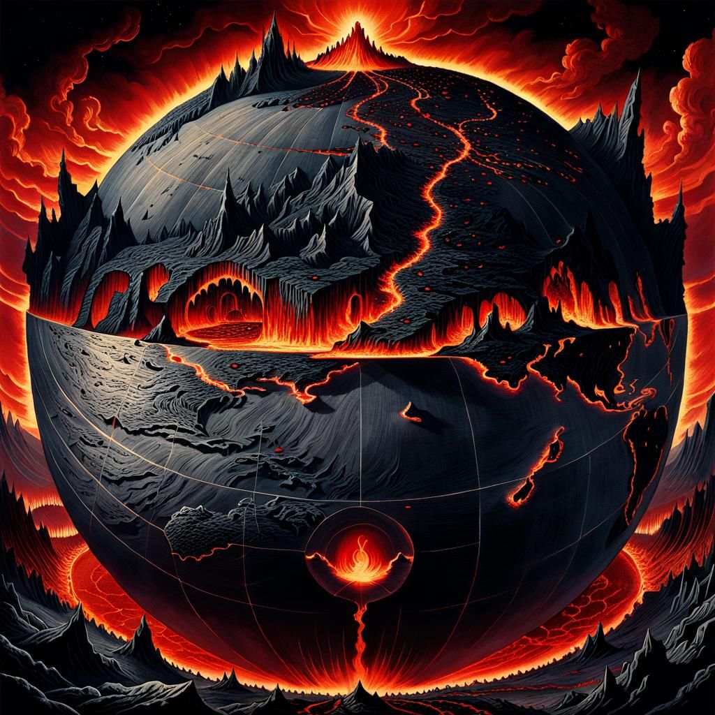 Concept art, dark fantasy map of hell, distorted world map, ...