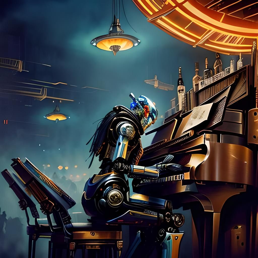 Portrait of a robot pianist, Scifi western saloon, robot bar...