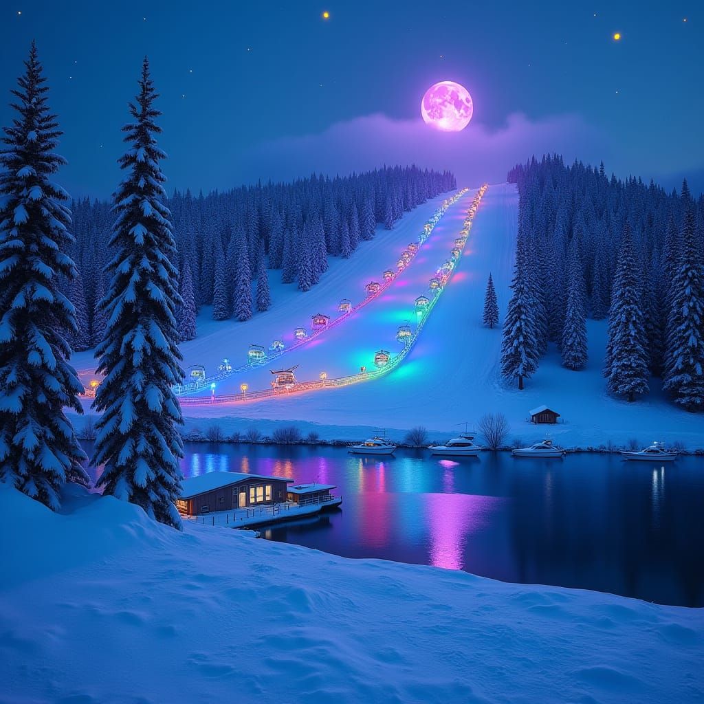 a picture of a snowy ski hill with florescent blue, purple, green and pink lights at night  with a lake  with boats out on the lake with fl...
