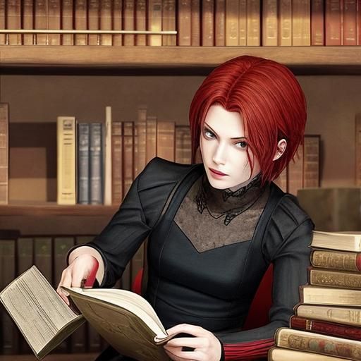 red queen from resident evil movie in a book library