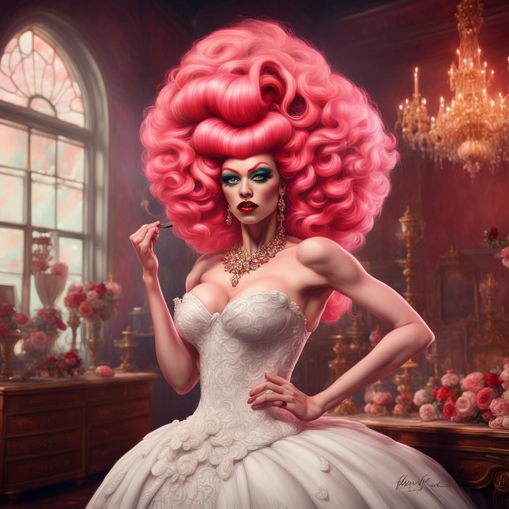 prissy sissy drag queen pink bride with a big red-haired beehive. she has a  huge chest kissing a blonde drag queen in a white wedding dress... - AI  Generated Artwork - NightCafe