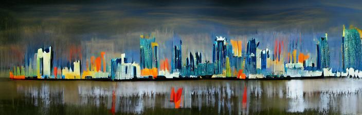 City skyline across the river. abstract impasto minimalist