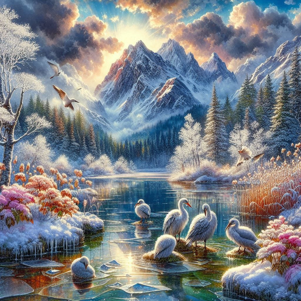 Winter landscapes with birds