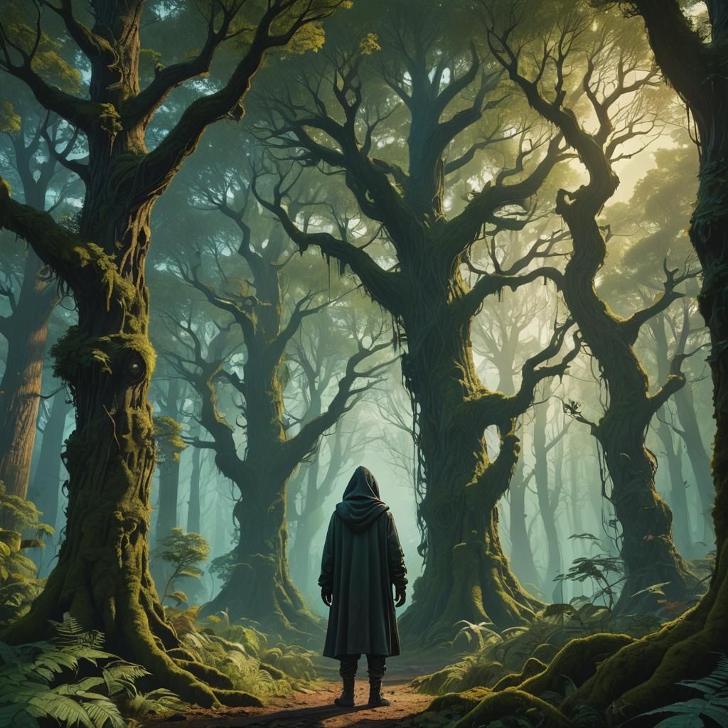 Mystical Figure in Enchanted Forest: Fantasy Concept Art