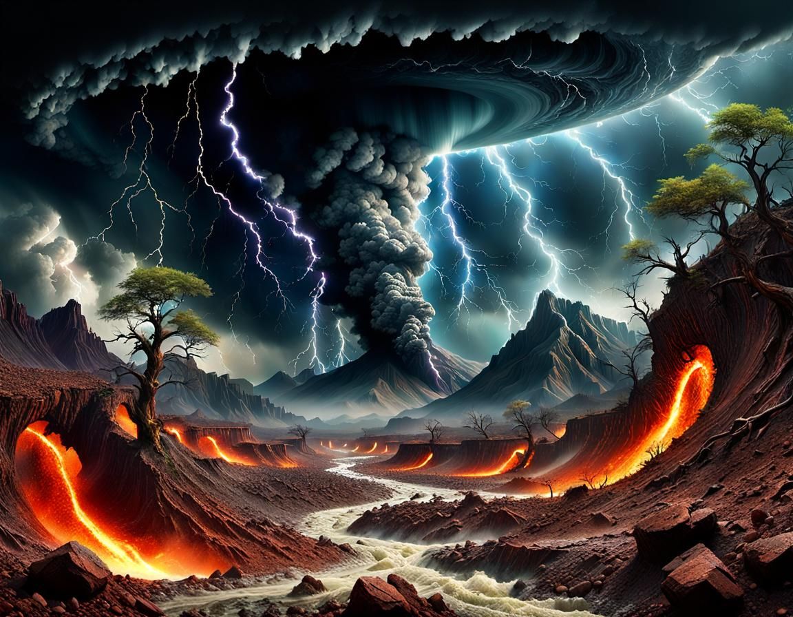 Many tornados ripping a rift into mountains making a crack to a black hole abyss sucking in Lightning ...  by @Tiny Pearl Cat