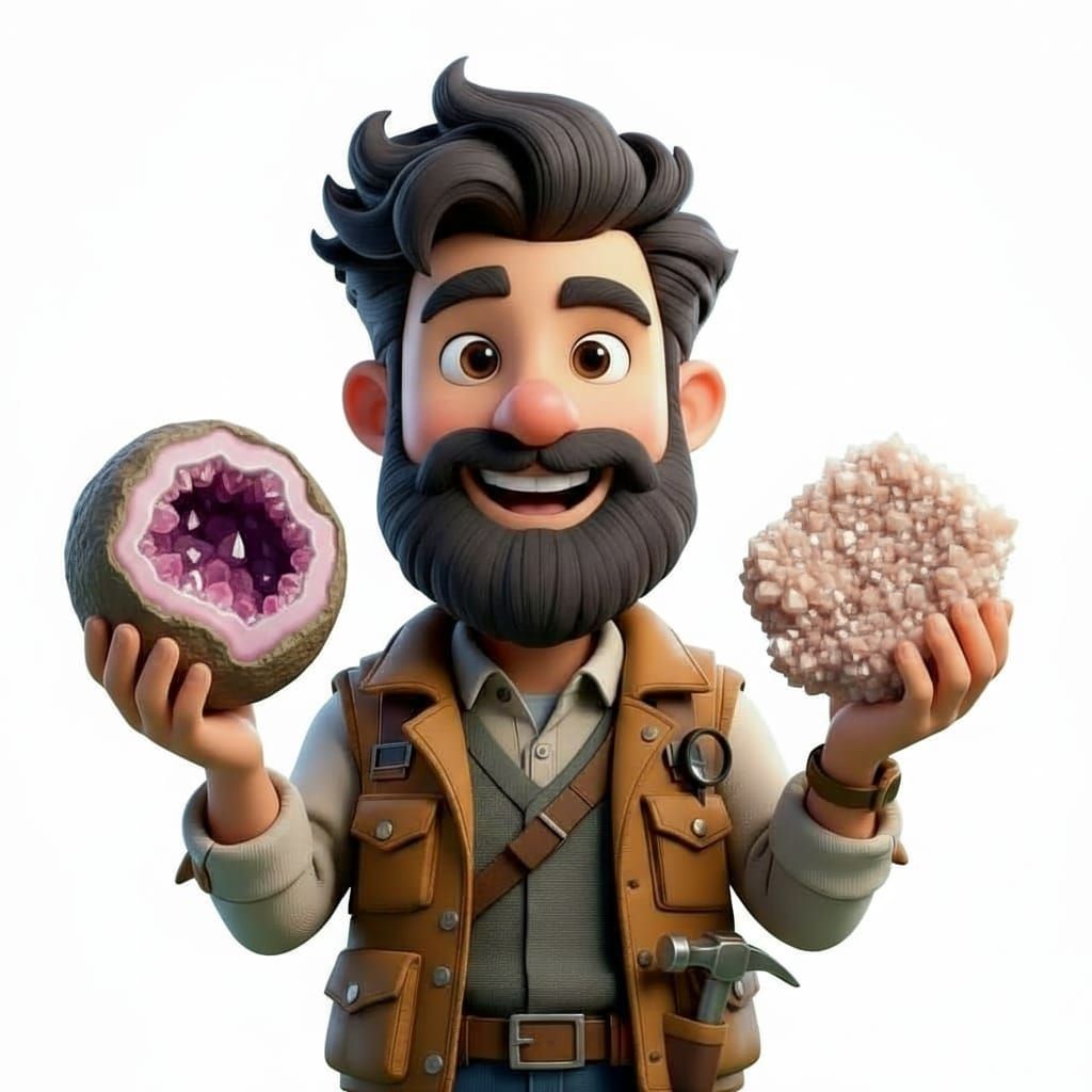 A geologist (half-body) showing a geode in one hand and a druse in the other. Cartoon style.
