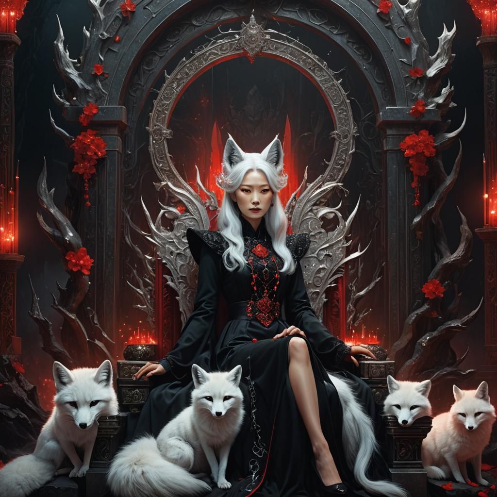 korean lady silver hair black dress red crystals white fox ears vampire