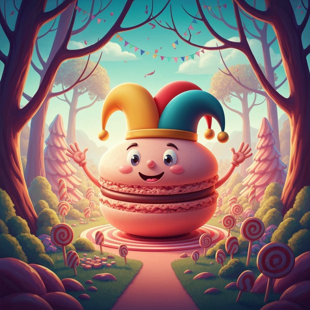 Giant Jester Macaron in Whimsical Candyland Forest