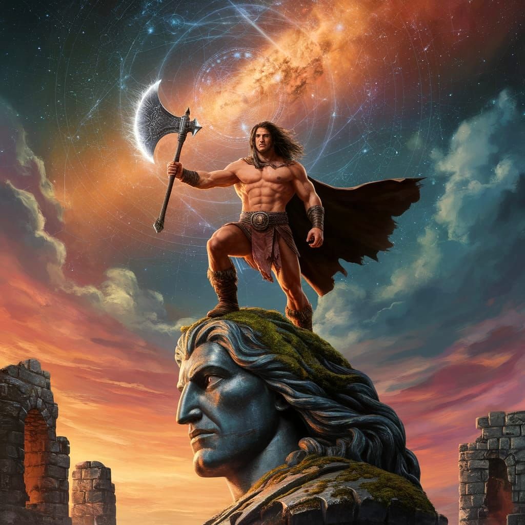 A lone barbarian warrior, reminiscent of Conan, stands atop a colossal, moss-covered statue of a forgotten deity. The sky above is a swirlin...
