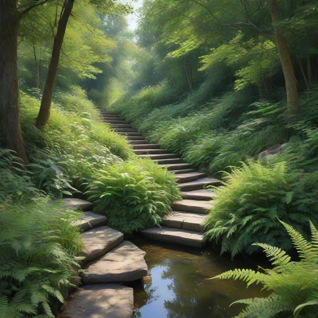 Create a magical garden surrounded by a multitude of flowers, with long paths leading to a lighted peak, where a huge and mysterious tree st...